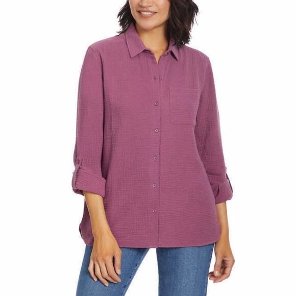 Anne Klein 100% cotton gauze Muslim purple button front long sleeve blouse small - Picture 1 of 8